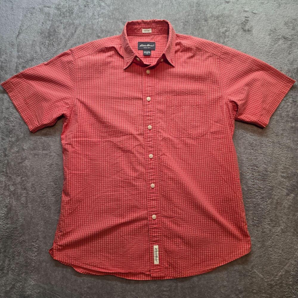 Eddie Bauer Button Up Shirt Mens M Red Check Cool Dry Short Sleeve Flaw Vintage